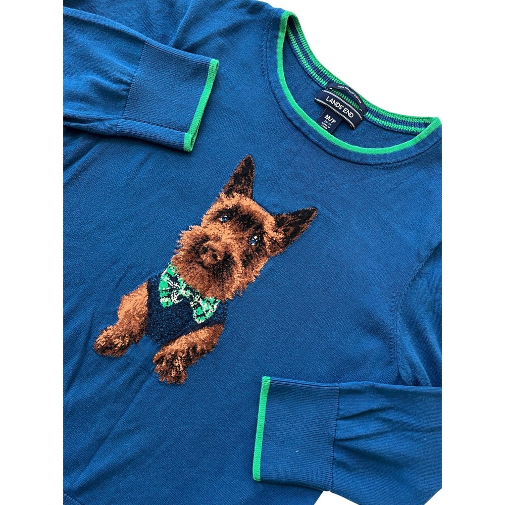Lands End Blue Dapper Scottie Graphic Sweater M/P‎ 10-12 100% Supima Cotton Blue